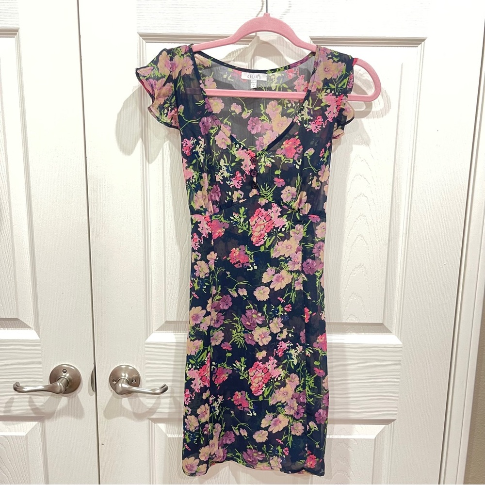 Delia’s Navy blue floral dress with pink accents